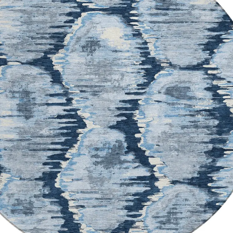 8' Navy Blue Sky Blue And Ivory Round Abstract Washable Indoor Outdoor Area Rug