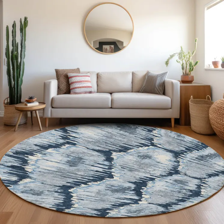 8' Navy Blue Sky Blue And Ivory Round Abstract Washable Indoor Outdoor Area Rug