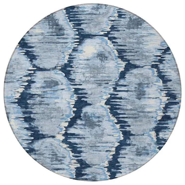 8' Navy Blue Sky Blue And Ivory Round Abstract Washable Indoor Outdoor Area Rug