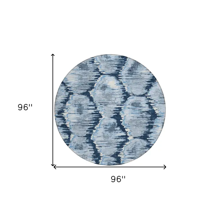 8' Navy Blue Sky Blue And Ivory Round Abstract Washable Indoor Outdoor Area Rug