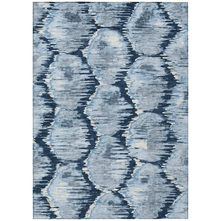 8' X 10' Navy Blue Sky Blue And Ivory Abstract Washable Indoor Outdoor Area Rug