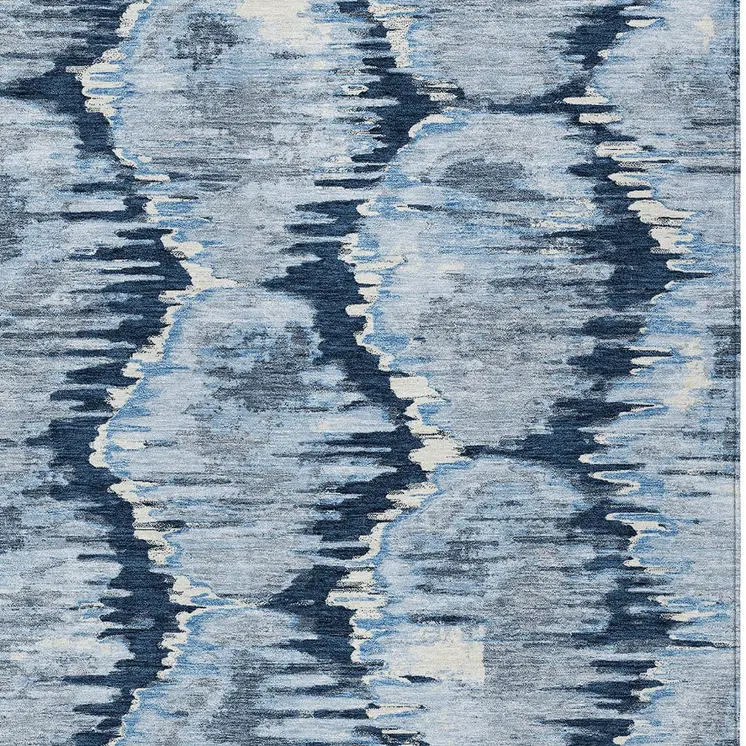 8' X 10' Navy Blue Sky Blue And Ivory Abstract Washable Indoor Outdoor Area Rug