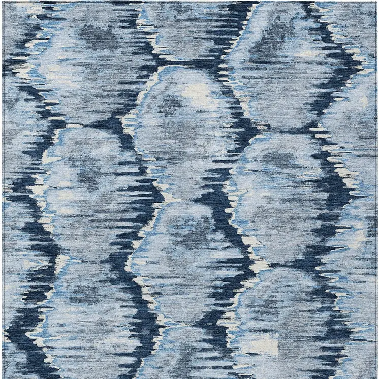 9' X 12' Navy Blue Sky Blue And Ivory Abstract Washable Indoor Outdoor Area Rug
