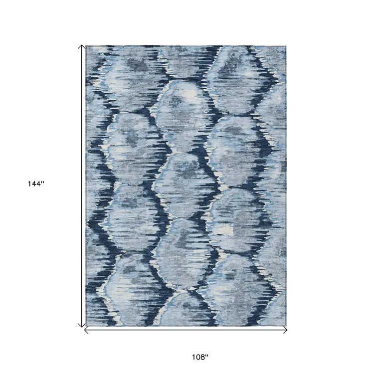 9' X 12' Navy Blue Sky Blue And Ivory Abstract Washable Indoor Outdoor Area Rug