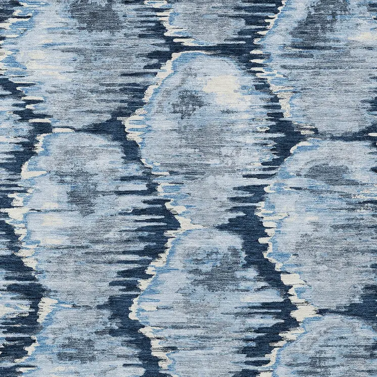 9' X 12' Navy Blue Sky Blue And Ivory Abstract Washable Indoor Outdoor Area Rug