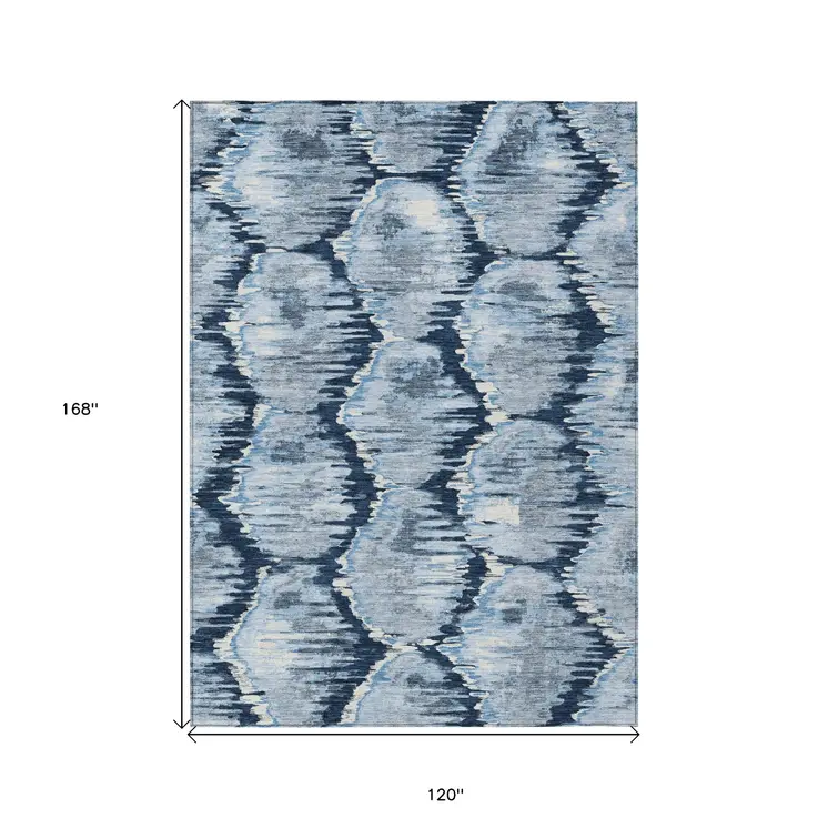 10' X 14' Navy Blue Sky Blue And Ivory Abstract Washable Indoor Outdoor Area Rug