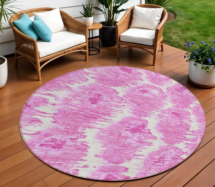8' Pink Blush And Mauve Round Abstract Washable Indoor Outdoor Area Rug