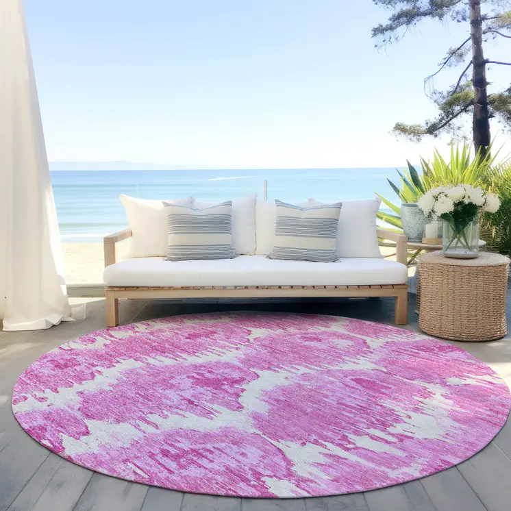 8' Pink Blush And Mauve Round Abstract Washable Indoor Outdoor Area Rug