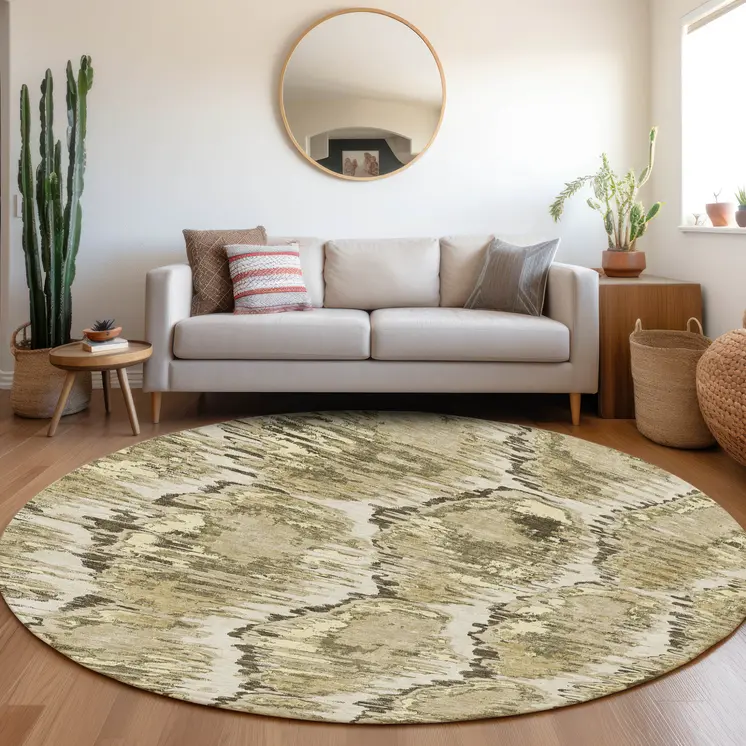 8' Taupe Brown And Beige Round Abstract Washable Indoor Outdoor Area Rug