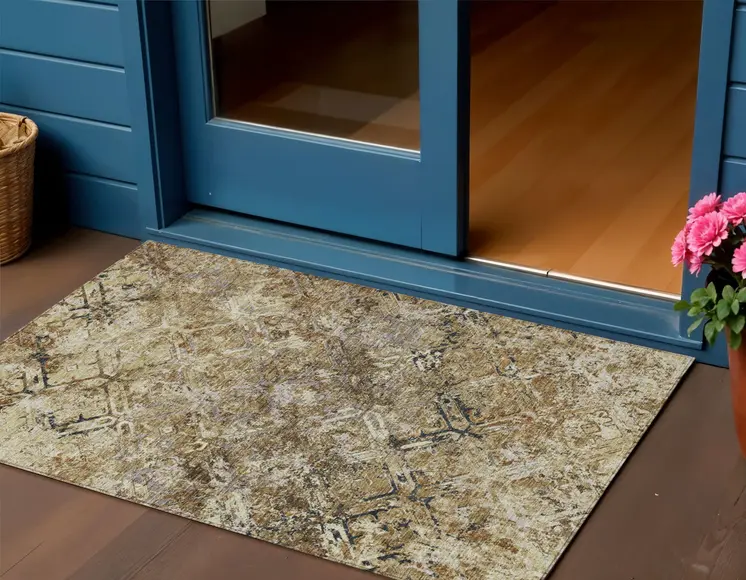 3' X 5' Beige Brown And Copper Geometric Washable Indoor Outdoor Area Rug