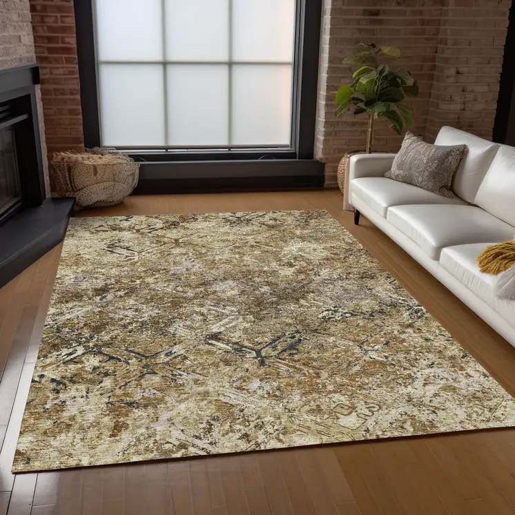 3' X 5' Beige Brown And Copper Geometric Washable Indoor Outdoor Area Rug