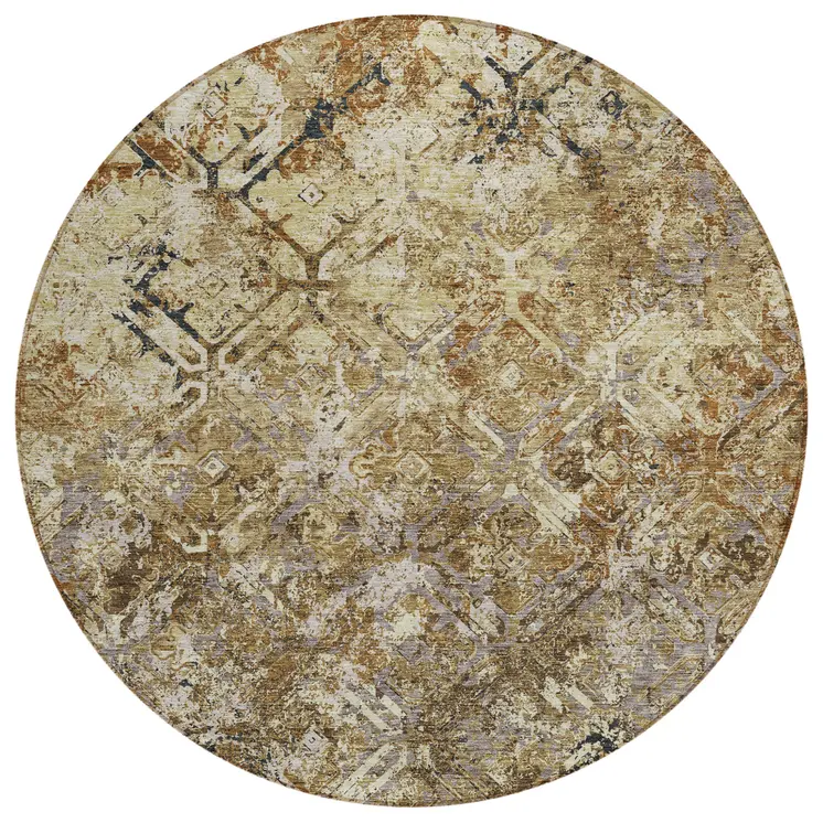 8' Beige Brown And Copper Round Geometric Washable Indoor Outdoor Area Rug