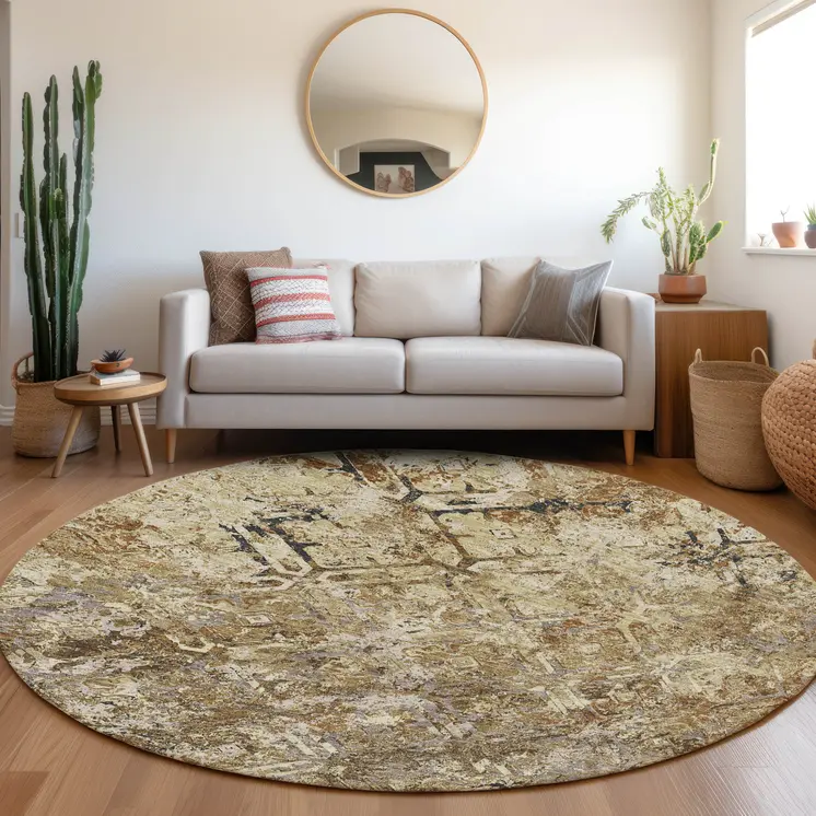 8' Beige Brown And Copper Round Geometric Washable Indoor Outdoor Area Rug