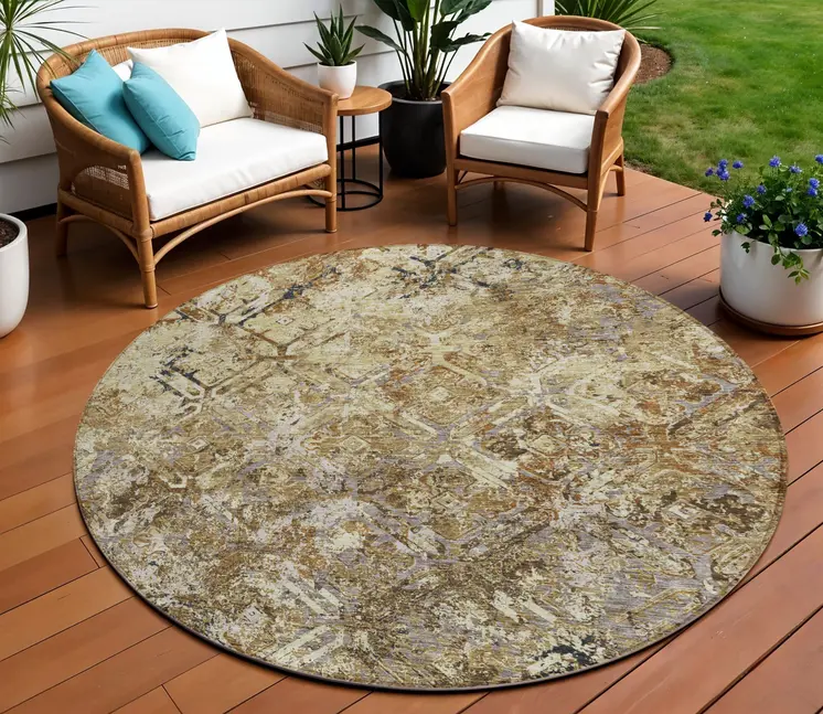 8' Beige Brown And Copper Round Geometric Washable Indoor Outdoor Area Rug