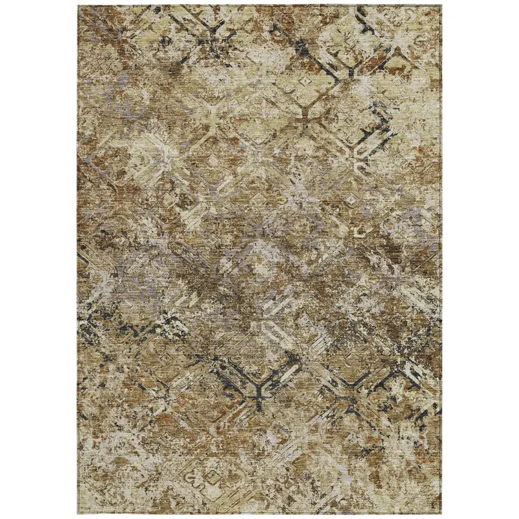 8' X 10' Beige Brown And Copper Geometric Washable Indoor Outdoor Area Rug