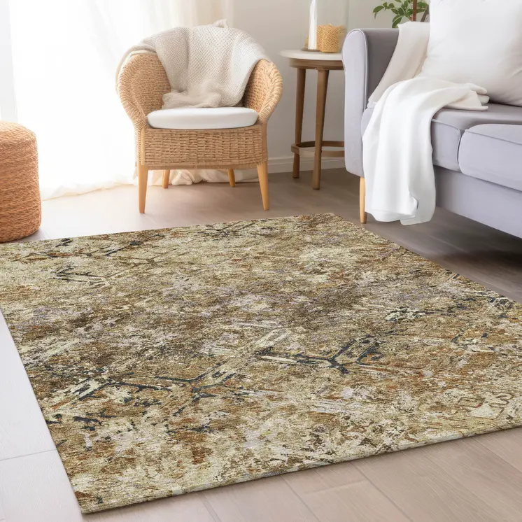 8' X 10' Beige Brown And Copper Geometric Washable Indoor Outdoor Area Rug