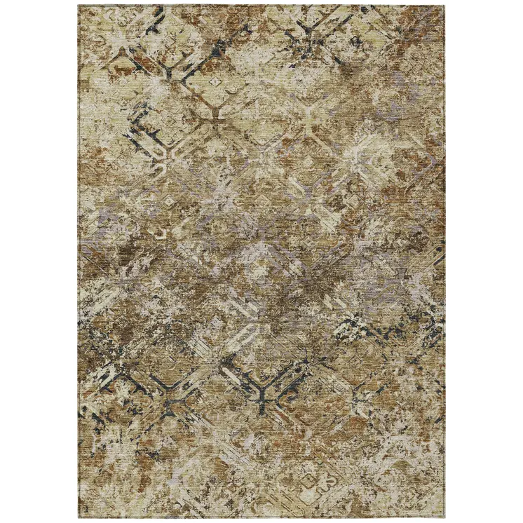 10' X 14' Beige Brown And Copper Geometric Washable Indoor Outdoor Area Rug
