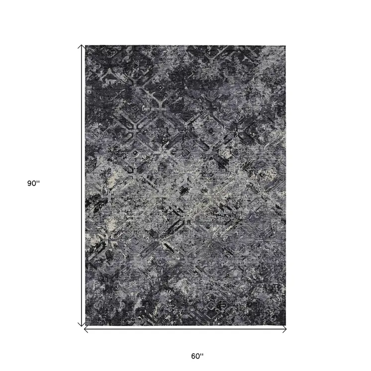 5' X 8' Black Gray And Silver Geometric Washable Indoor Outdoor Area Rug