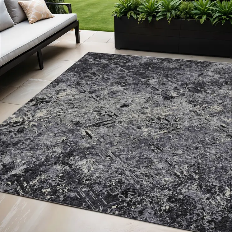 5' X 8' Black Gray And Silver Geometric Washable Indoor Outdoor Area Rug