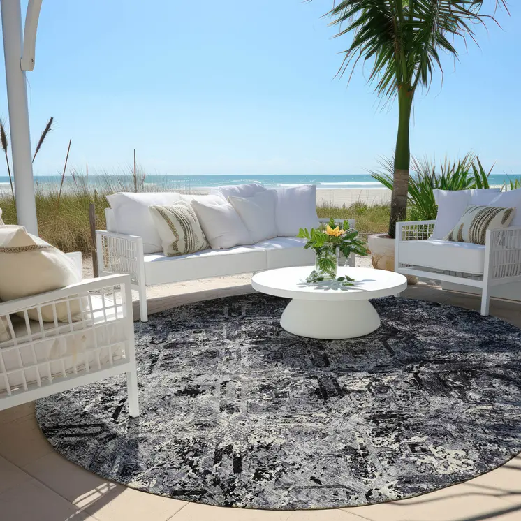 8' Black Gray And Silver Round Geometric Washable Indoor Outdoor Area Rug