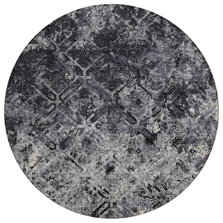 8' Black Gray And Silver Round Geometric Washable Indoor Outdoor Area Rug