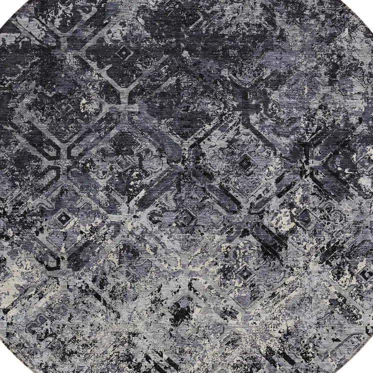 8' Black Gray And Silver Round Geometric Washable Indoor Outdoor Area Rug