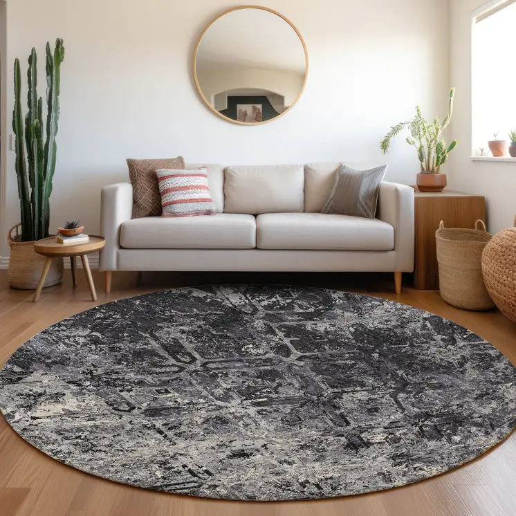 8' Black Gray And Silver Round Geometric Washable Indoor Outdoor Area Rug