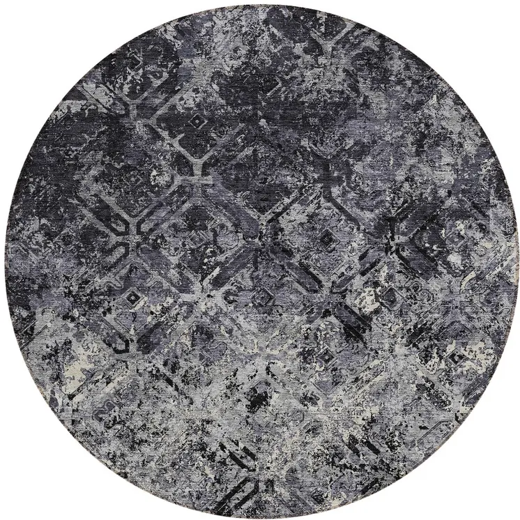 8' Black Gray And Silver Round Geometric Washable Indoor Outdoor Area Rug