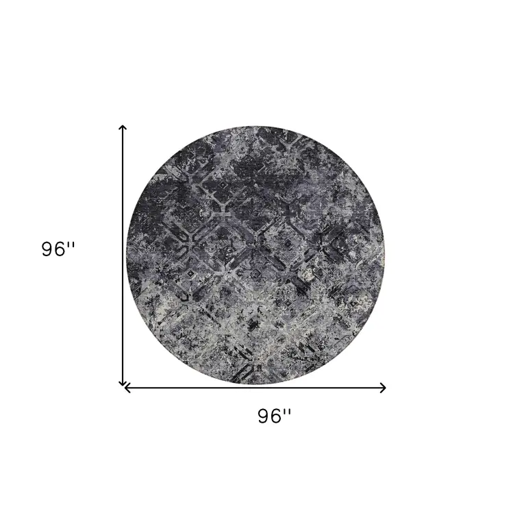 8' Black Gray And Silver Round Geometric Washable Indoor Outdoor Area Rug
