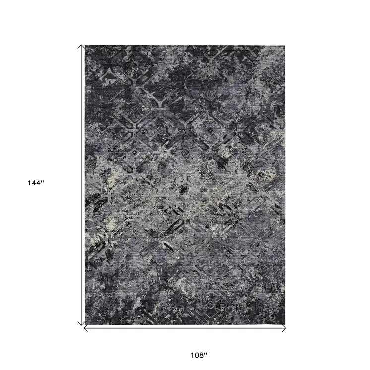 9' X 12' Black Gray And Silver Geometric Washable Indoor Outdoor Area Rug