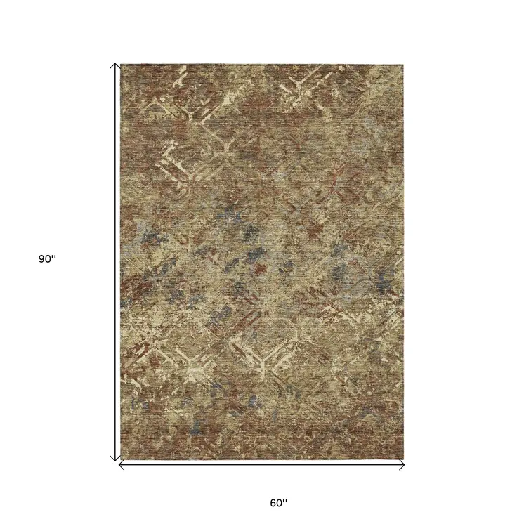 5' X 8' Brown Copper And Gold Geometric Washable Indoor Outdoor Area Rug
