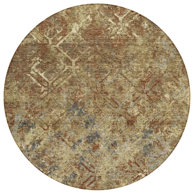 8' Brown Copper And Gold Round Geometric Washable Indoor Outdoor Area Rug