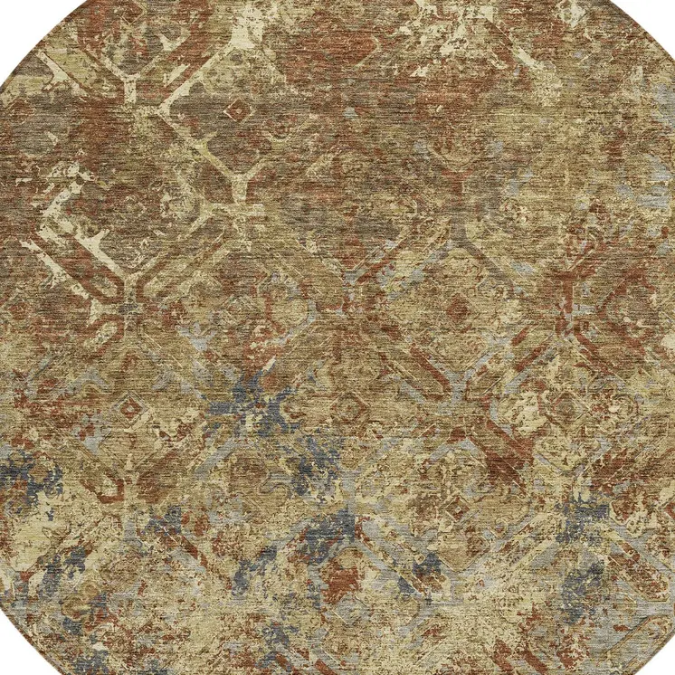 8' Brown Copper And Gold Round Geometric Washable Indoor Outdoor Area Rug
