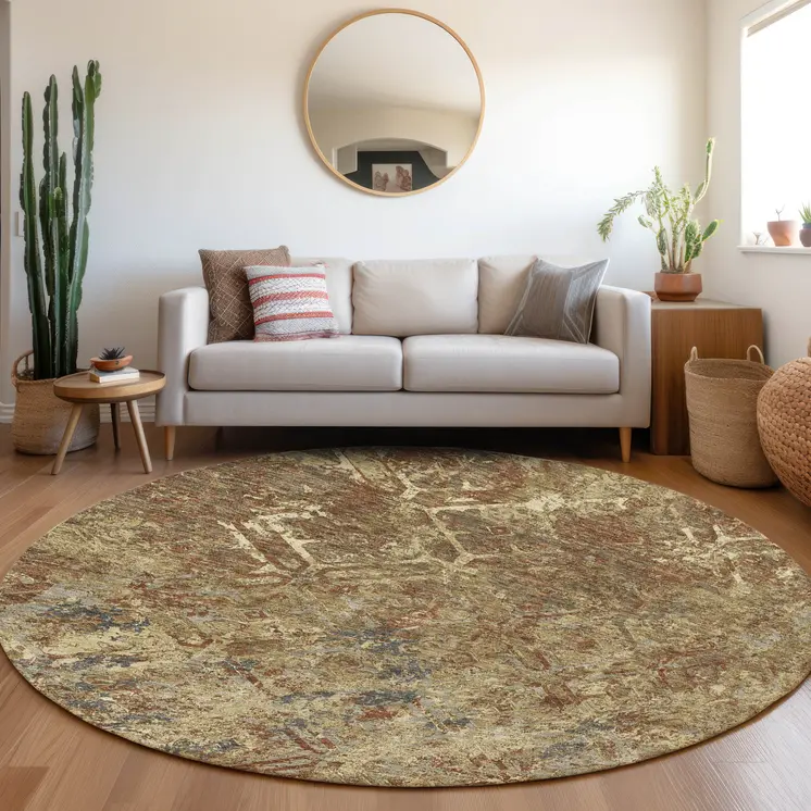 8' Brown Copper And Gold Round Geometric Washable Indoor Outdoor Area Rug