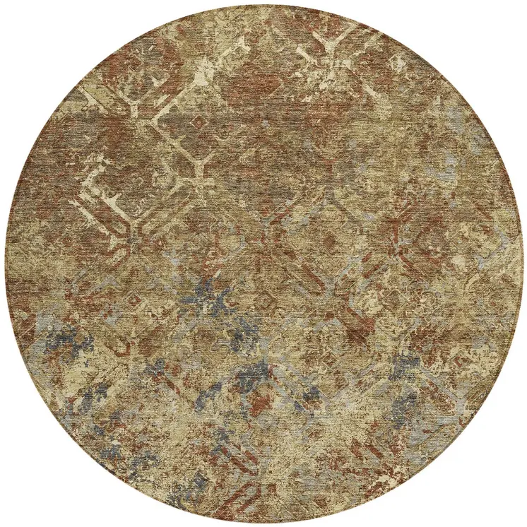 8' Brown Copper And Gold Round Geometric Washable Indoor Outdoor Area Rug
