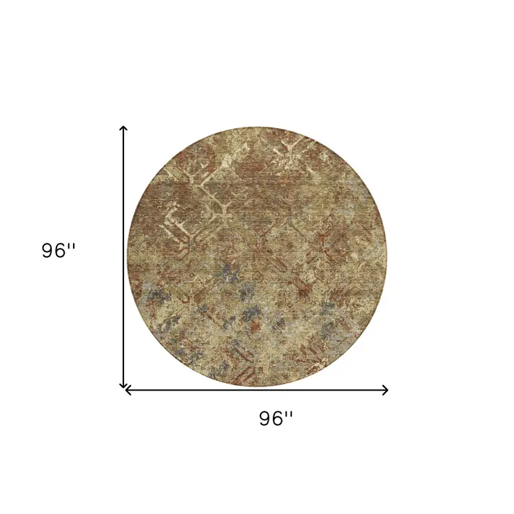 8' Brown Copper And Gold Round Geometric Washable Indoor Outdoor Area Rug
