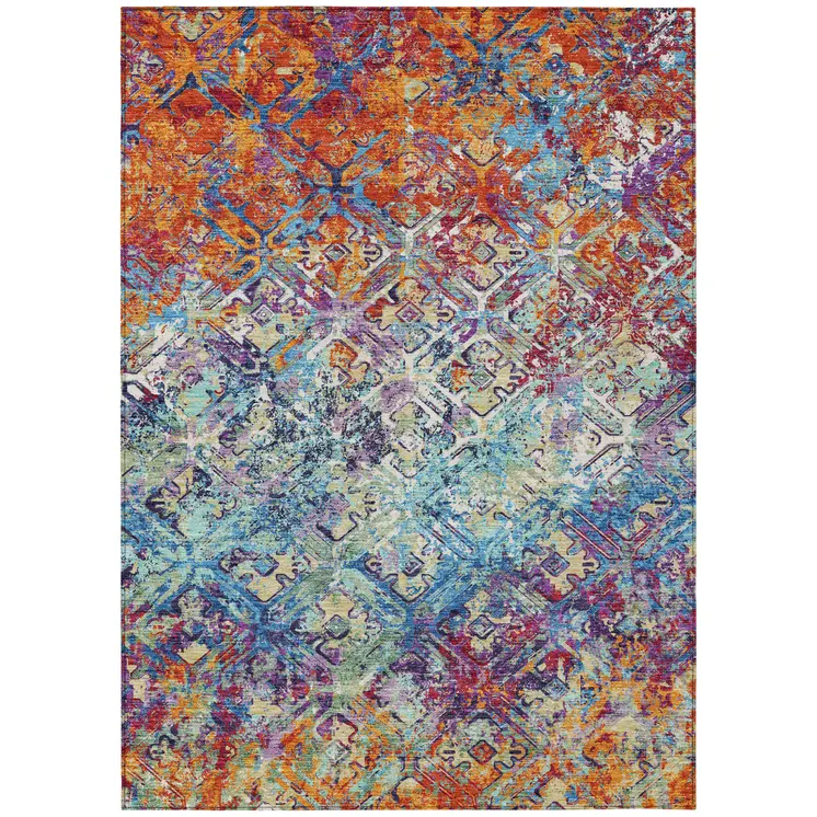 3' X 5' Copper Blue And Red Geometric Washable Indoor Outdoor Area Rug