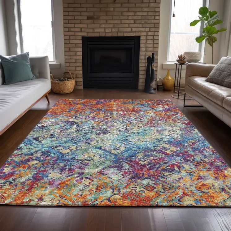 5' X 8' Copper Blue And Red Geometric Washable Indoor Outdoor Area Rug