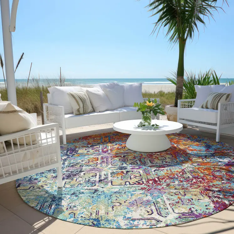 8' Copper Blue And Red Round Geometric Washable Indoor Outdoor Area Rug