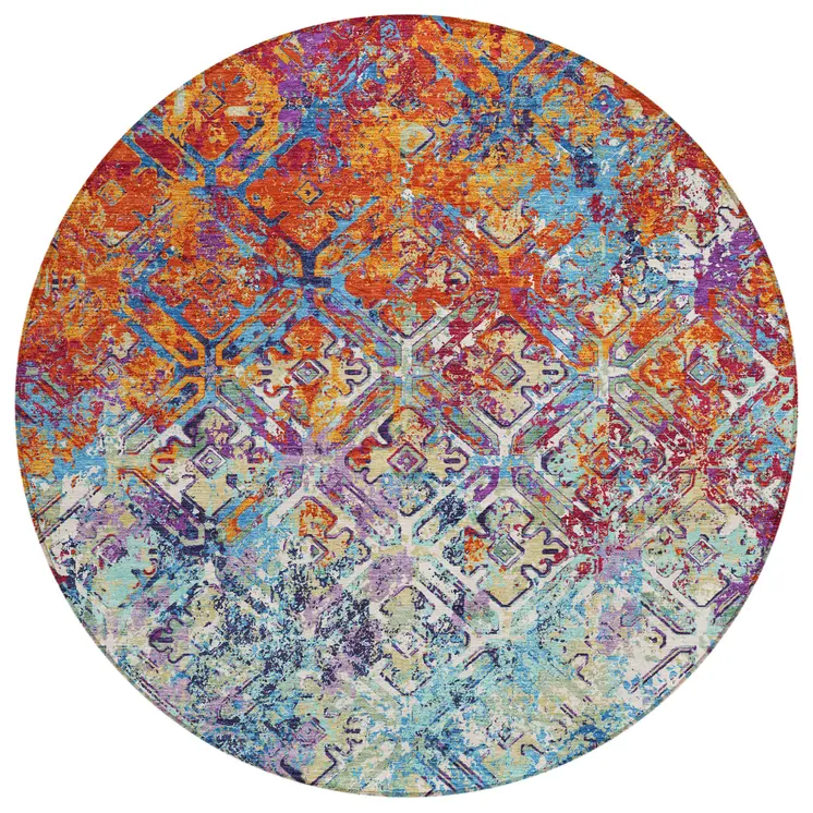 8' Copper Blue And Red Round Geometric Washable Indoor Outdoor Area Rug