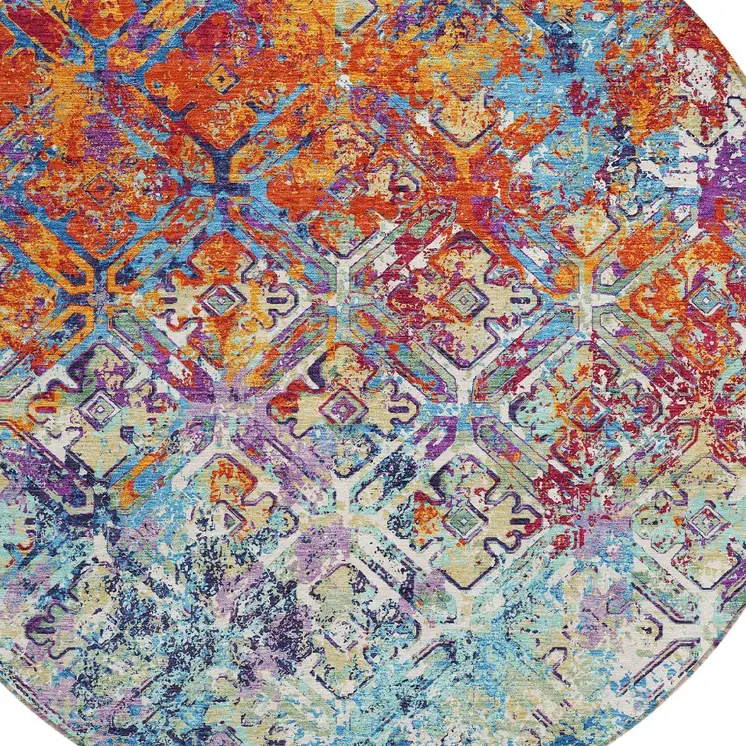8' Copper Blue And Red Round Geometric Washable Indoor Outdoor Area Rug