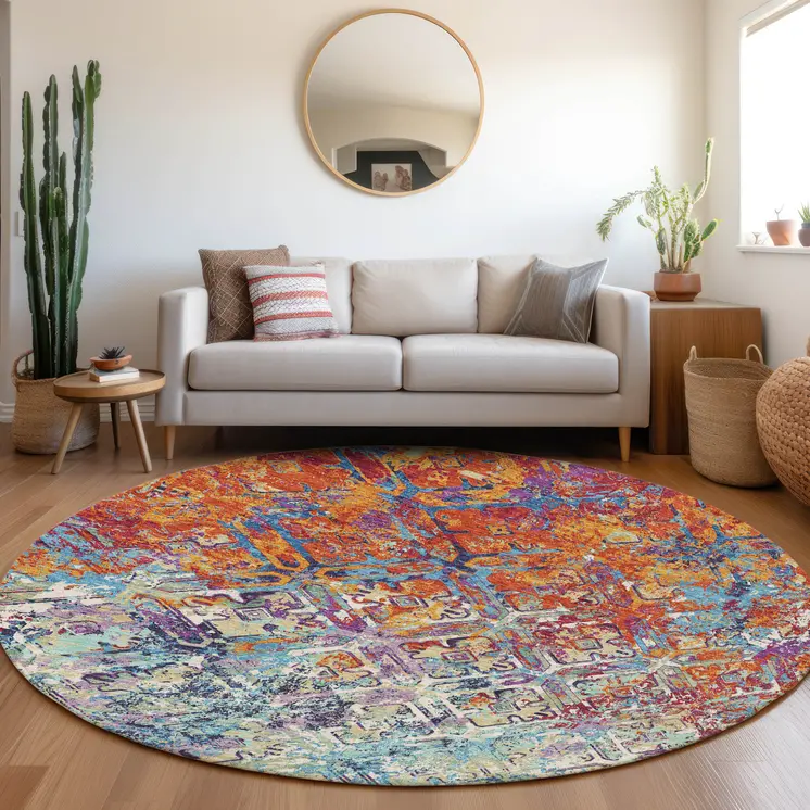 8' Copper Blue And Red Round Geometric Washable Indoor Outdoor Area Rug