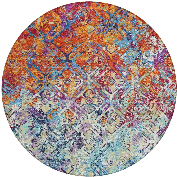 8' Copper Blue And Red Round Geometric Washable Indoor Outdoor Area Rug