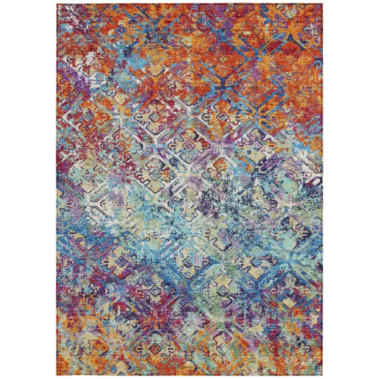 8' X 10' Copper Blue And Red Geometric Washable Indoor Outdoor Area Rug