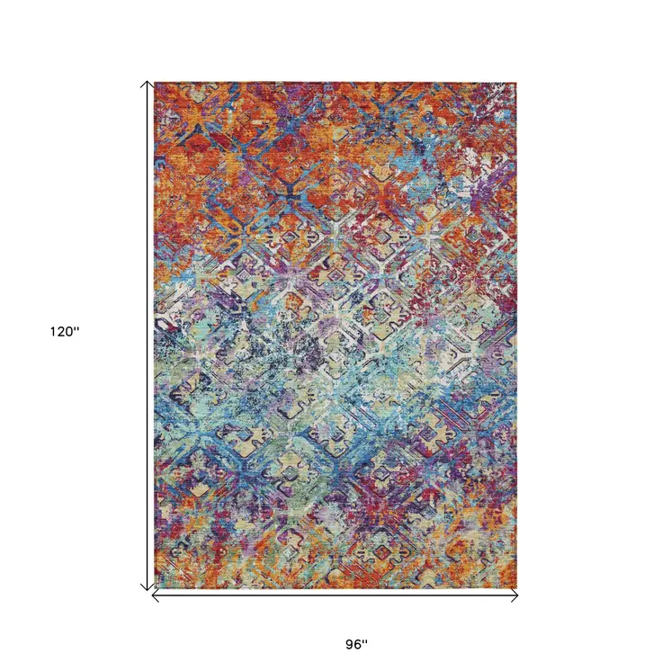 8' X 10' Copper Blue And Red Geometric Washable Indoor Outdoor Area Rug