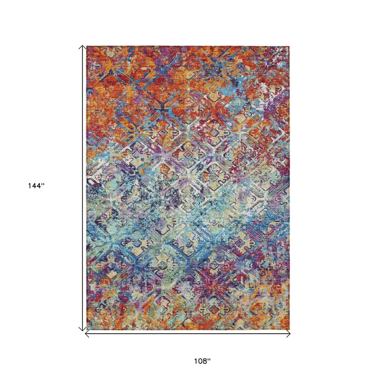 9' X 12' Copper Blue And Red Geometric Washable Indoor Outdoor Area Rug