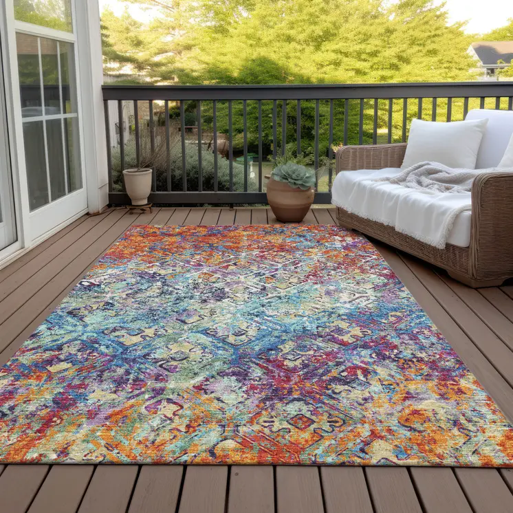 9' X 12' Copper Blue And Red Geometric Washable Indoor Outdoor Area Rug