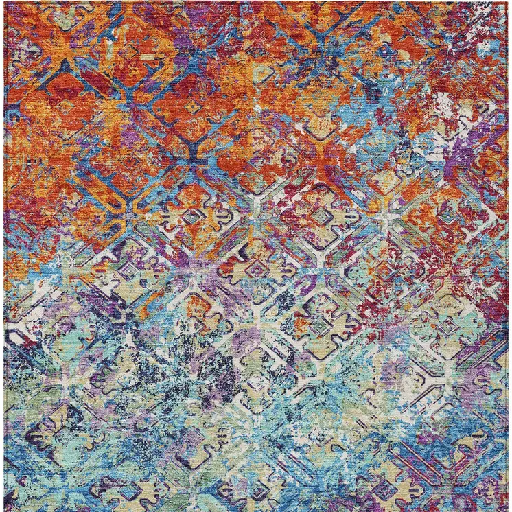 10' X 14' Copper Blue And Red Geometric Washable Indoor Outdoor Area Rug
