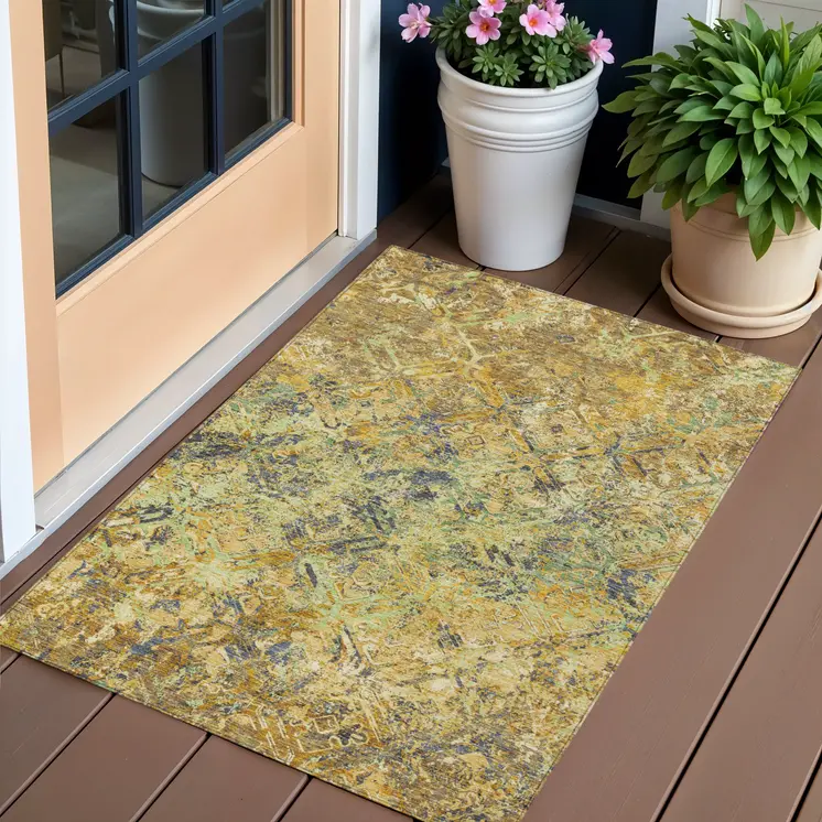 3' X 5' Gold Beige And Gray Geometric Washable Indoor Outdoor Area Rug