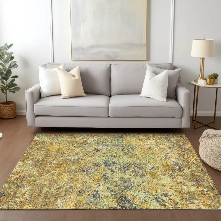 3' X 5' Gold Beige And Gray Geometric Washable Indoor Outdoor Area Rug